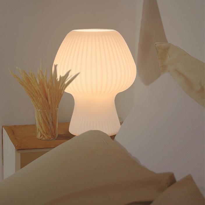 Vintage Bedside Table Lamp Ribbed Glass Mushroom Dimmable Nightstand Light